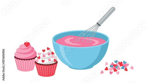 Delicious cupcakes with heart sprinkles and a mixing bowl full of pink batter ready for festive sweet treats and delightful bakery celebrations