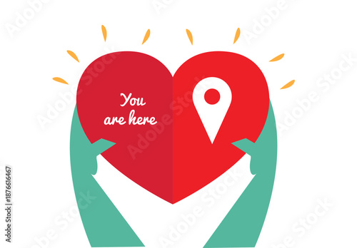 Hands holding a foldable heart with locator symbol. Valentine or Healthcare icon concept. Editable Clip Art.