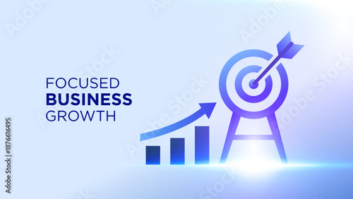 Focused business growth strategy target concept illustration with arrow, bar chart, and bullseye symbol. Modern blue vector design representing goal achievement, planning, and corporate success.