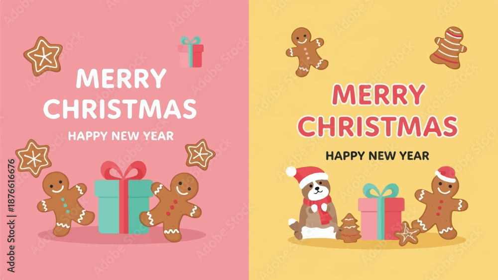 Obraz premium Festive holiday greeting featuring gingerbread, gifts, and a dog in a Santa hat on pink and yellow backgrounds