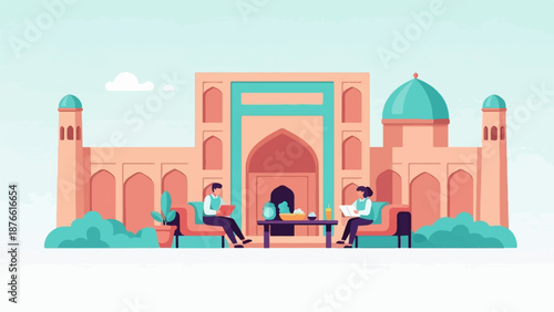 Flat illustration of people in traditional architecture enjoying a quiet moment