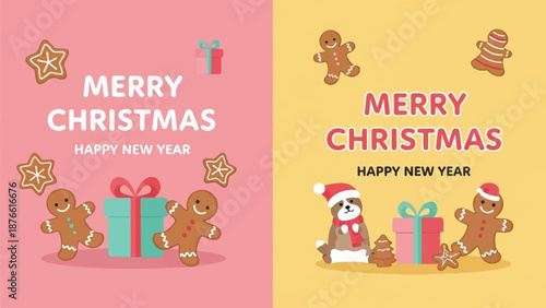 Festive holiday greeting featuring gingerbread, gifts, and a dog in a Santa hat on pink and yellow backgrounds