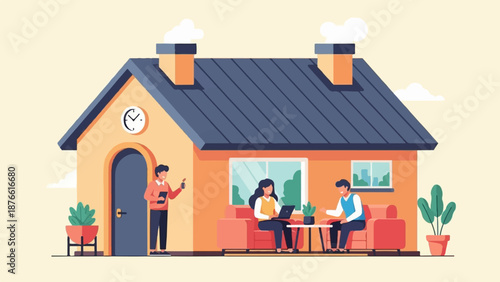 Flat illustration of people working and interacting near a charming house with a clock and chimneys