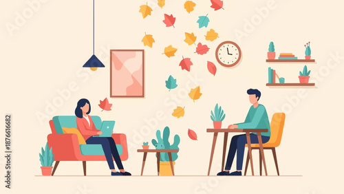 Flat illustration of people working from home with autumn leaves falling