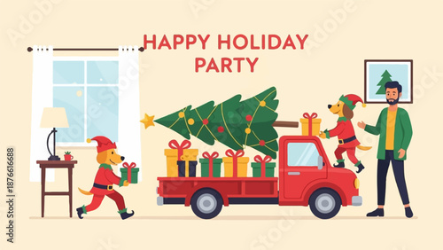 Festive holiday scene with dogs and a man delivering gifts and a Christmas tree