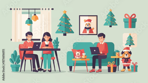 Festive holiday scene with people working remotely, cozy home, and festive decor
