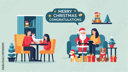 Festive holiday scene with Santa, people, dogs, and decorated trees indoors