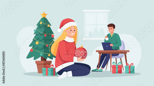 Festive scene with a woman holding an ornament and a man working on a laptop
