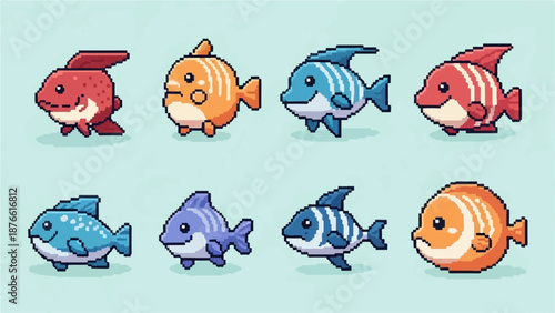 Eight pixel art fish in various colors and styles swim against a light blue background