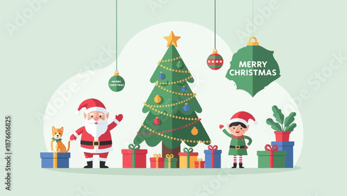 Festive scene with Santa, elf, Christmas tree, gifts, and a cat