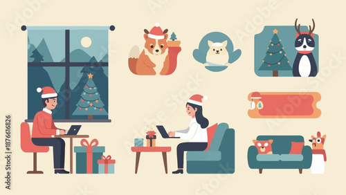 Festive scene with people working and cute animals celebrating holidays indoors
