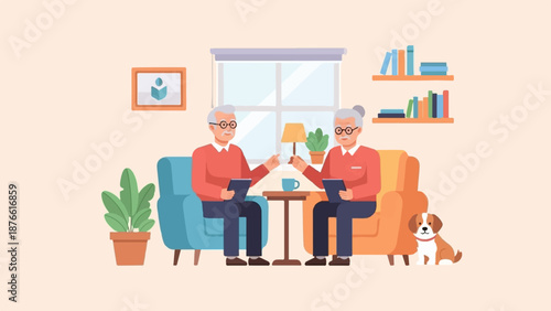Elderly couple in cozy living room, browsing tablets with dog nearby
