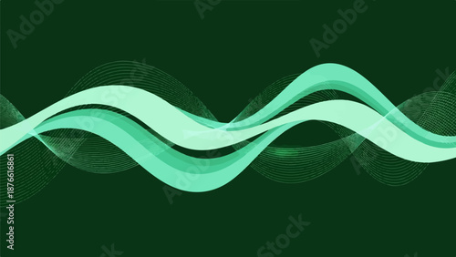 Fluid green waves with layered transparency on a dark backdrop