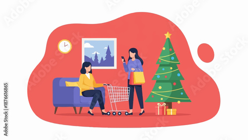 Festive shopping, two women near a decorated Christmas tree and sofa