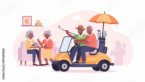 Elderly friends enjoying a golf outing, with two seated at a table and two in a golf cart