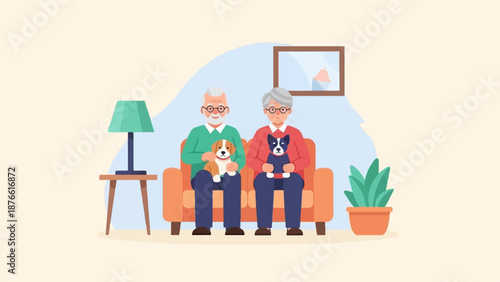 Elderly couple with pets on couch