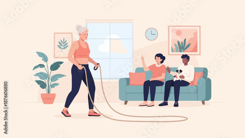 Elderly woman jumps rope while a couple relaxes on the couch with a puppy