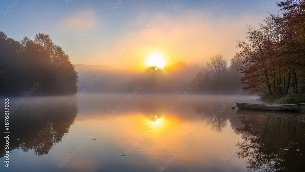 Fototapeta premium Sunrise over lake with calm water and beautiful scenery