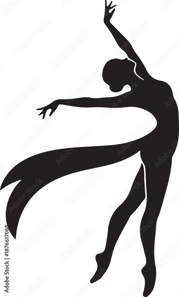 Fototapeta premium Dancer silhouette with flowing curved form, black on whit