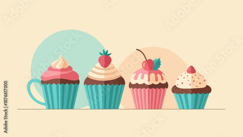 Four delicious cupcakes with assorted toppings and pastel backgrounds