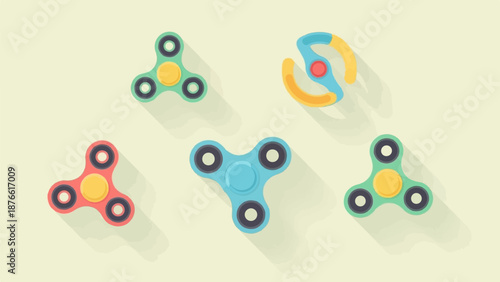 Five colorful fidget spinners and a toy steering wheel on a light yellow background
