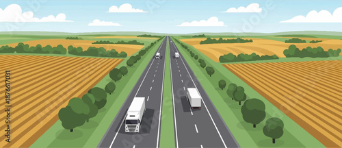 Endless highway cutting through fertile farmlands under a blue sky with clouds