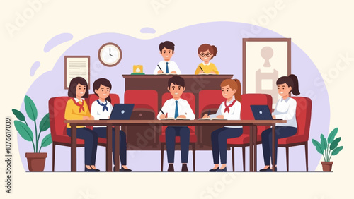 Diverse group of students attending a class, actively engaged in learning, writing, and using laptops