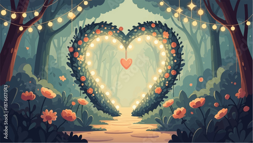 Enchanting heart archway glowing with lights in a tranquil, floral forest setting
