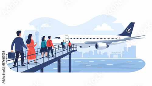 Diverse group of travelers walks along a jet bridge toward an airplane at an airport