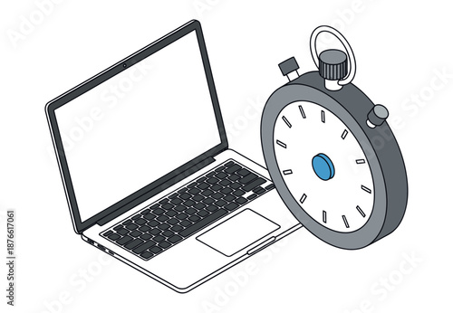 An open modern laptop with a blank screen stands beside a large classic stopwatch, perfectly suited for illustrating digital productivity, time management, and remote work efficiency.