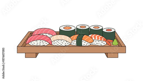 Assorted Sushi Platter: Nigiri and Maki Rolls on Wooden Tray