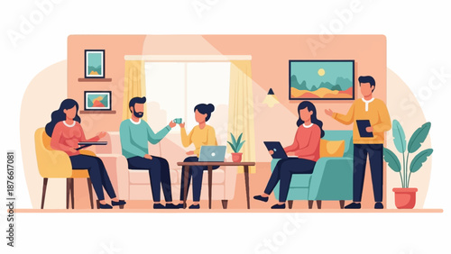 Five people gathered in a cozy living room, engaged in various activities like working and socializing