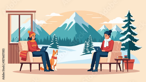 Cozy winter scene with two people on laptops and a dog, snowy mountains outside