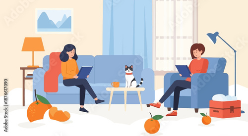 Cozy winter scene with two women reading indoors while a cat observes, snow outside