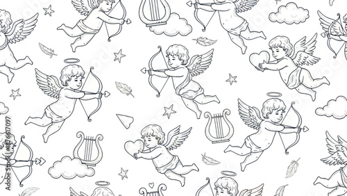 Whimsical flying cherubs aiming heart arrows and holding hearts, surrounded by fluffy clouds, twinkling stars, and elegant harps, ideal for romantic celebrations and sweet themed