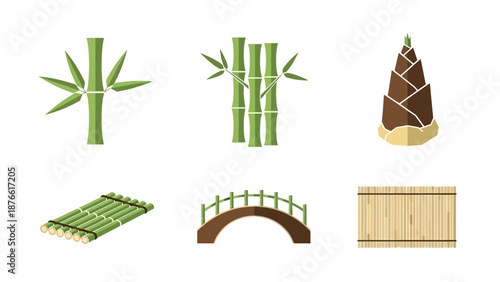 Bamboo Forest Elements: Stalks, Sprouts, Raft, Bridge, Mat Icons