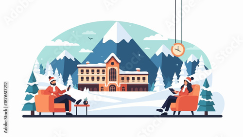 Cozy winter scene with people indoors, enjoying a snowscape with mountains and building