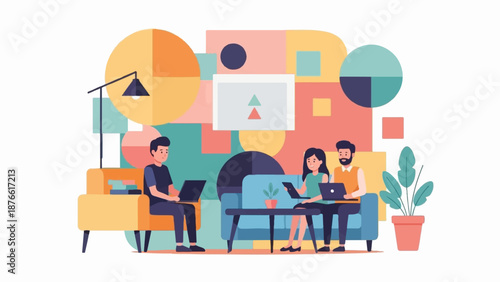 Creative team collaborates on laptops amidst colorful abstract shapes and warm, inviting decor