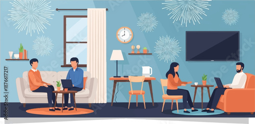 Four individuals engaged in work and leisure activities within a contemporary living room setting