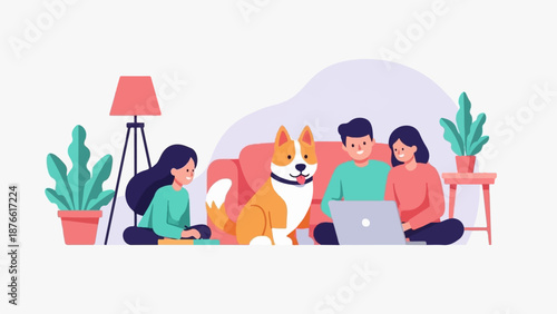 Family and dog relax at home, using laptop and tablet, plants and lamp nearby