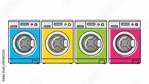 Four modern washing machines in a row, each a different bright color