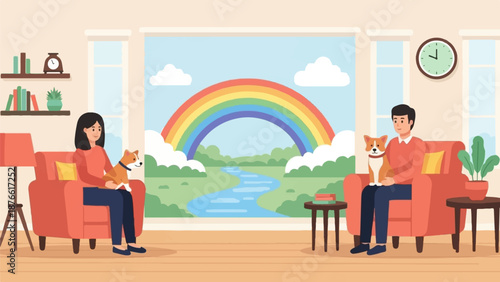 Cozy indoor scene with two people, each holding a dog, in armchairs by a window with a rainbow