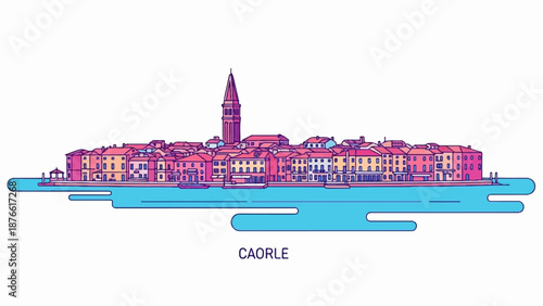 Flat, colorful illustration of a picturesque coastal town with a prominent bell tower and colorful buildings along a blue waterway