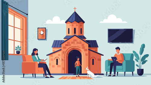Cozy interior scene with a church facade, people relaxing, and a dog