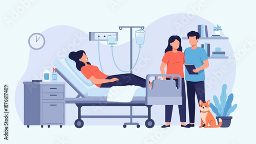 Couple visiting patient in hospital with small dog