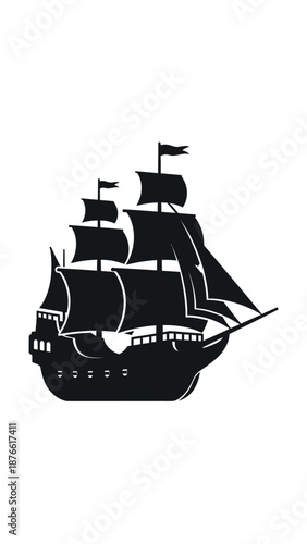Black Silhouette of a Tall Ship sailing on white background