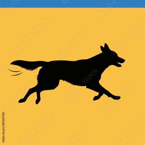 Black silhouette of a dog running against a yellow background