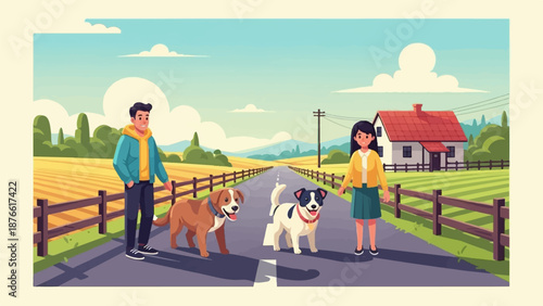 Couple walking dogs down a scenic country road beside a farmhouse and fields