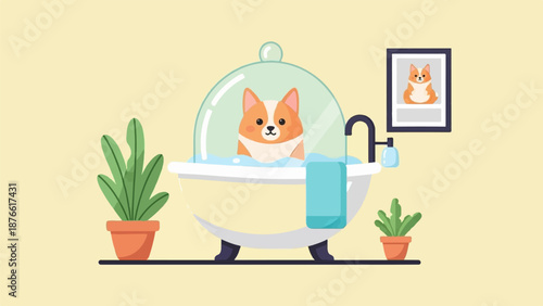 Cute cartoon corgi taking a bath in a bubble-covered tub