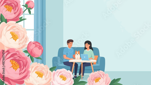 Couple with dog and laptop on sofa surrounded by flowers
